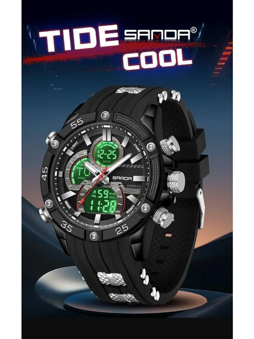 Men's Black Digital Analog 50M Silicone Band Chronograph Rugged Wrist Watch